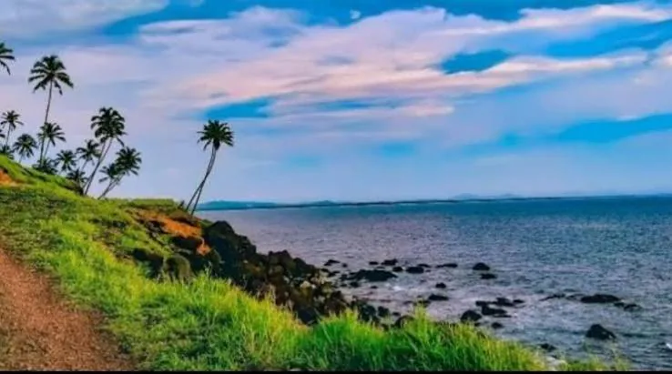 Arossim and Majorda coastline in South Goa with rocky shore, palm trees and a calm sea