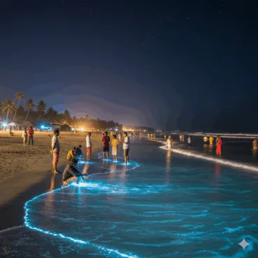 Betalbatim Beach in South Goa with glowing shoreline at night, people on the sand and palm trees