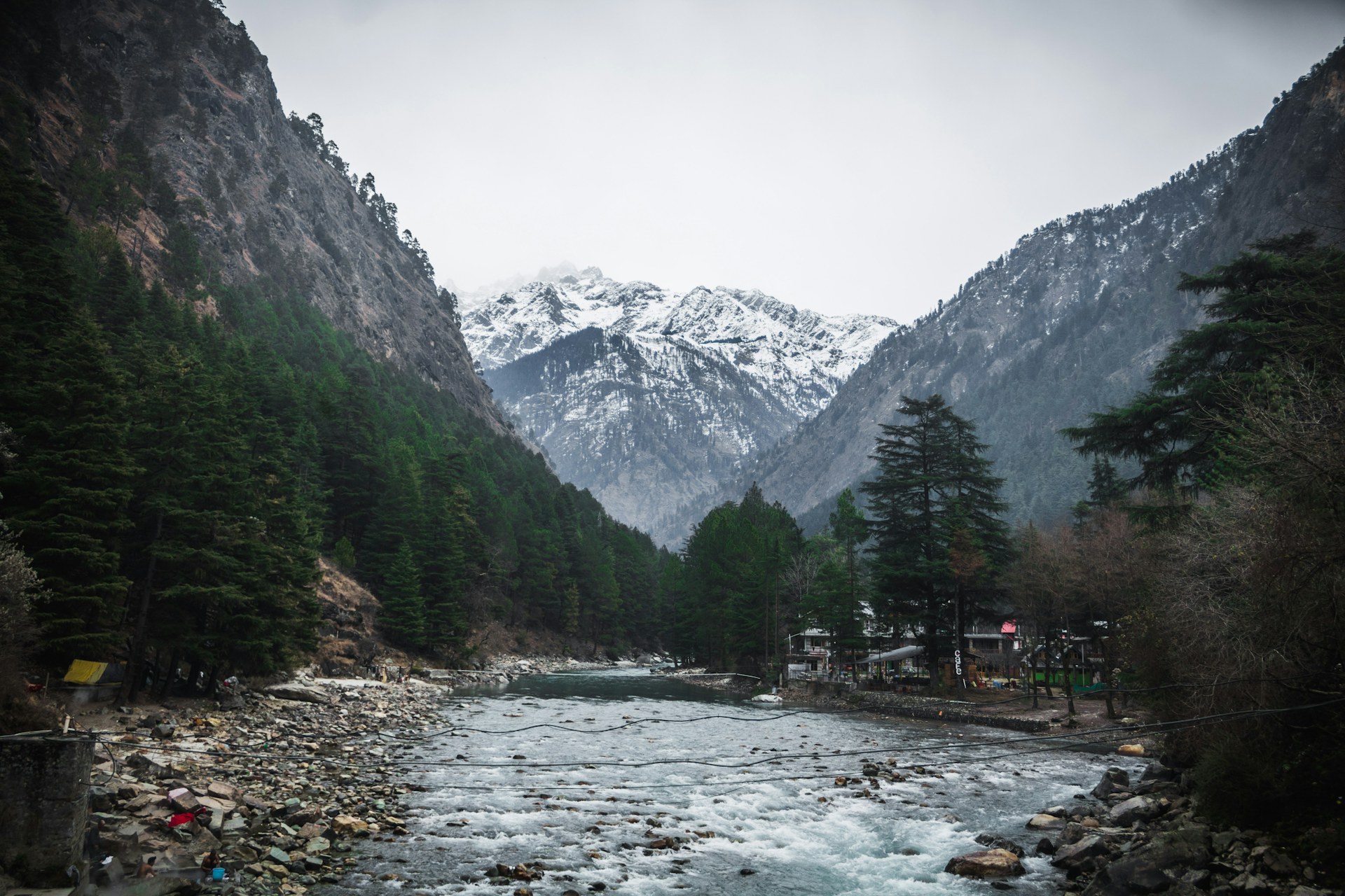Parvati River and snowy mountains near Kasol