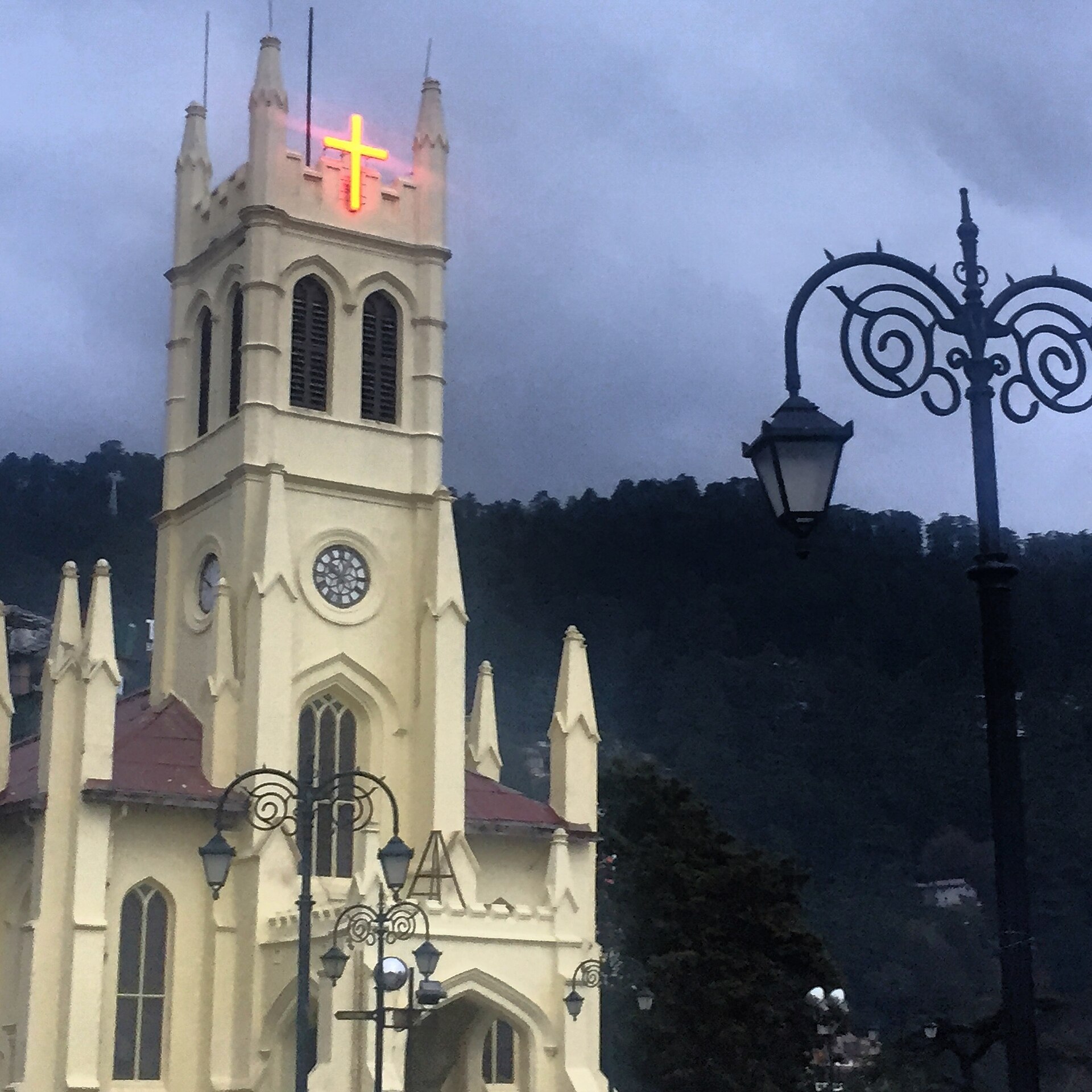 Christ Church and heritage lamp on Shimla's Ridge