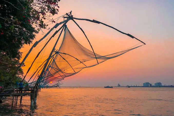 Chinese fishing nets at sunset in Kochi
