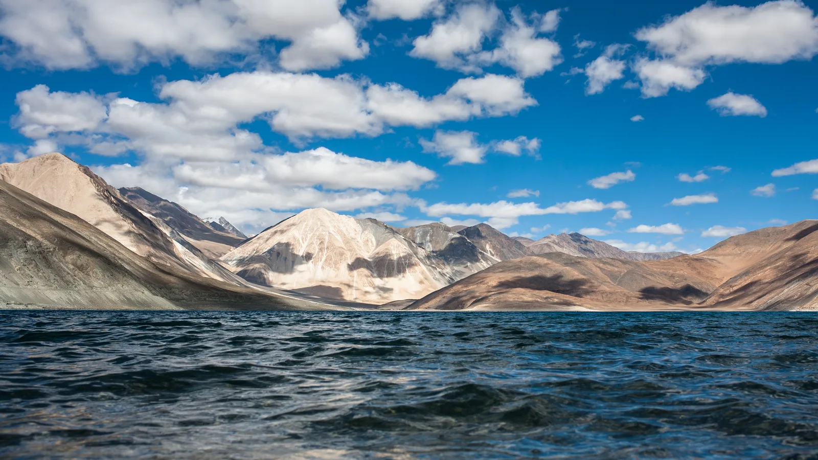 Blue Pangong Tso surrounded by barren Himalayan peaks
