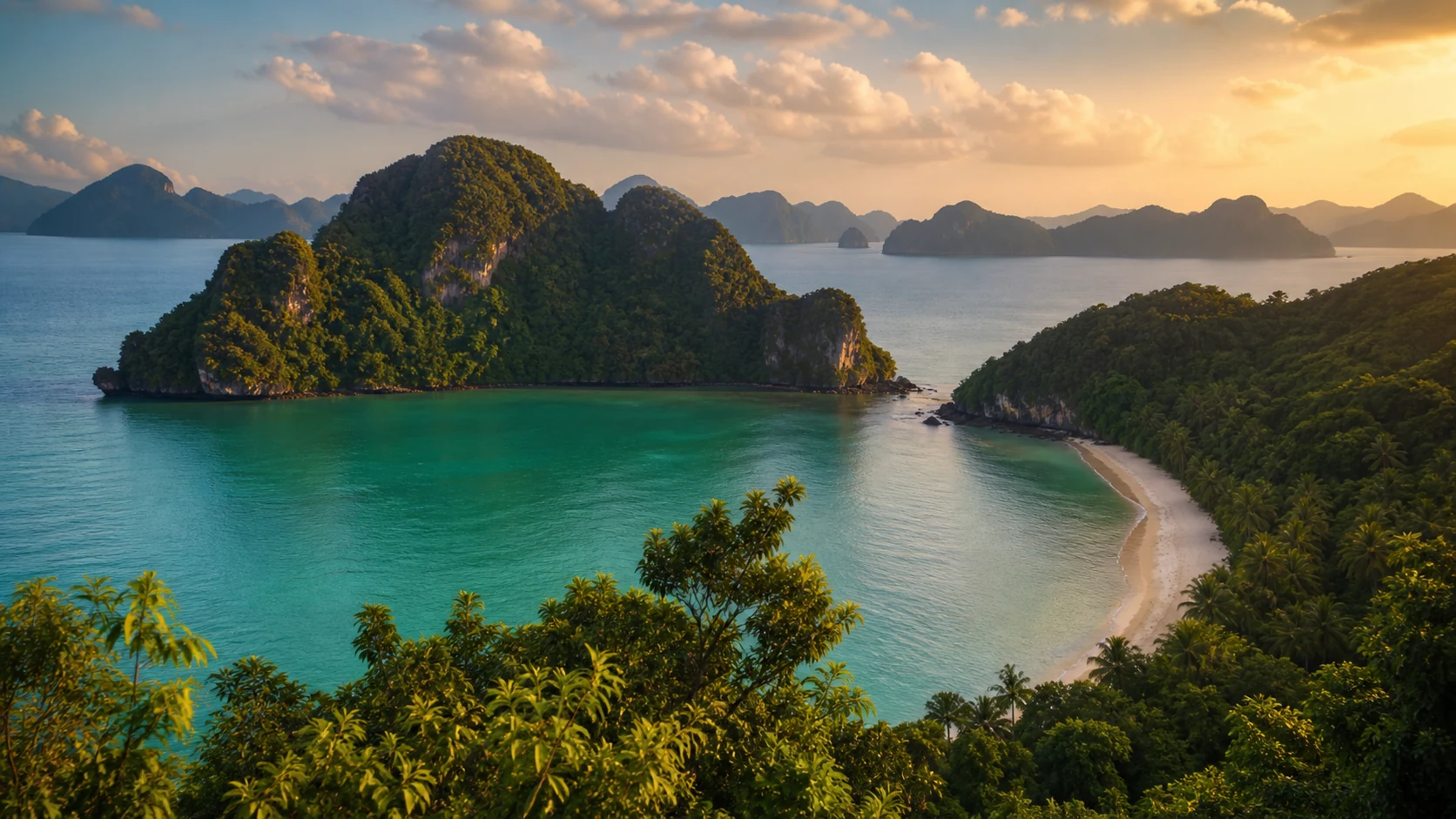 Langkawi's forested karst islands at golden hour