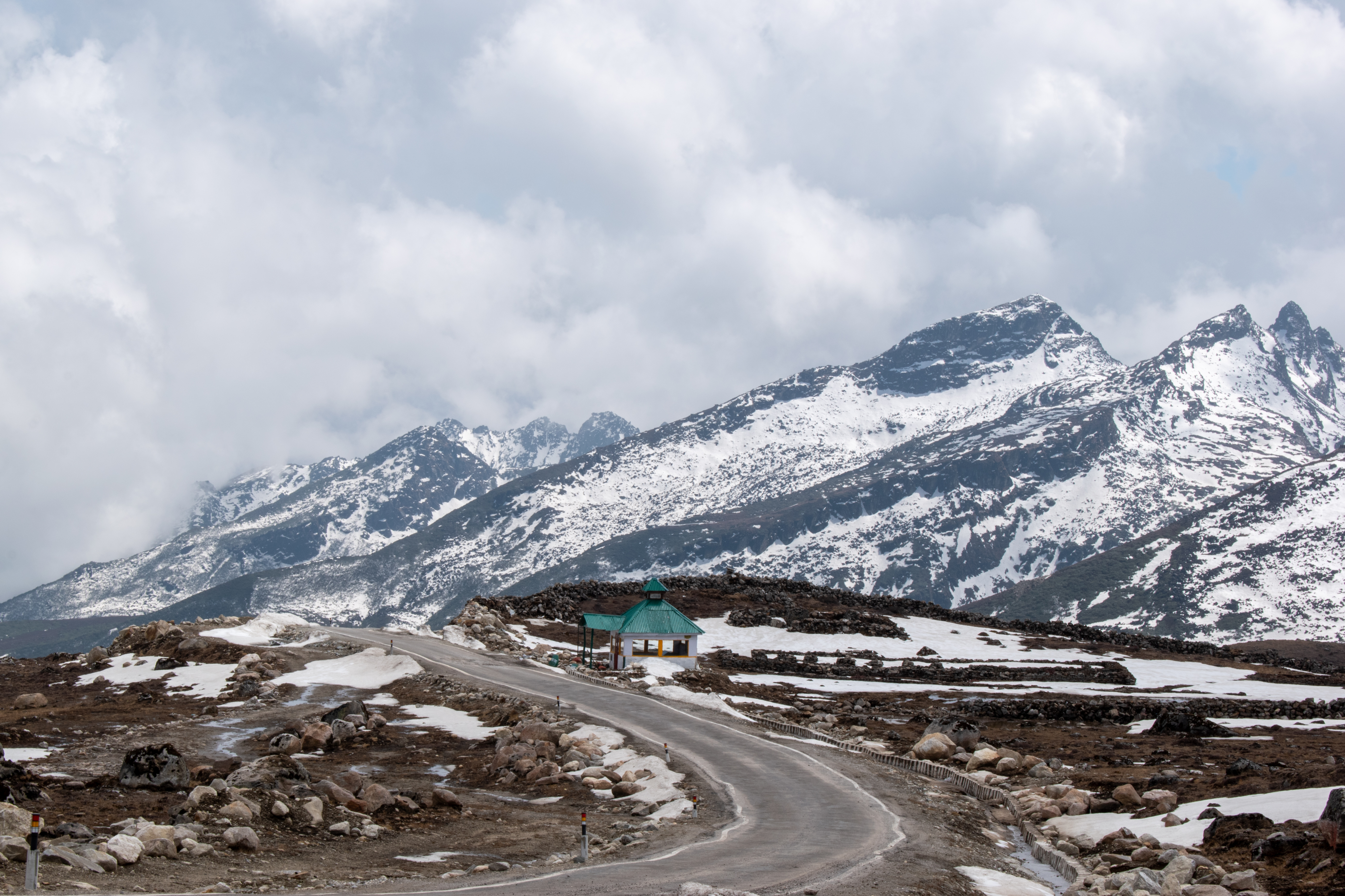 Snow-covered mountain road near Bum La Pass in Tawang, Arunachal Pradesh