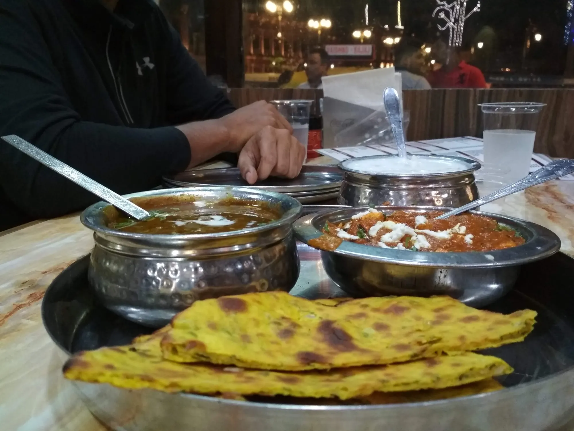 A spread of Punjabi dishes served at a dhaba