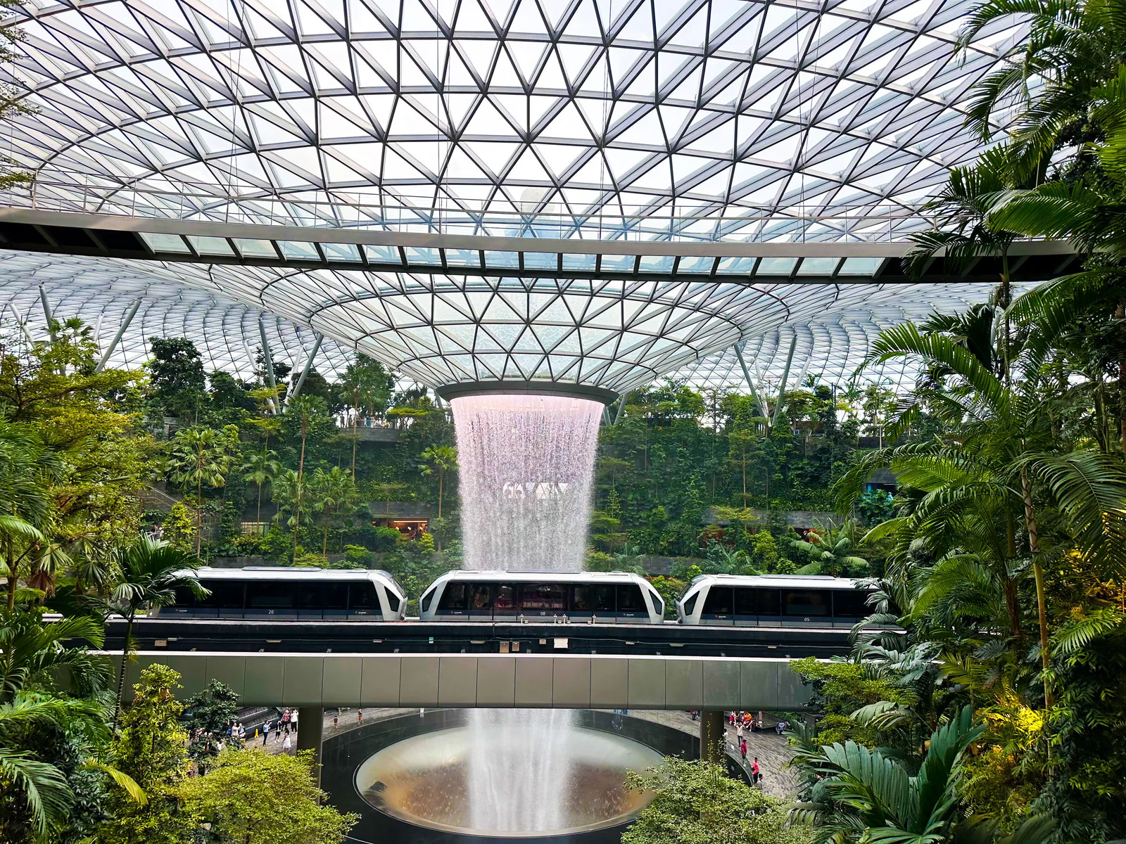 Jewel Changi Rain Vortex framed by indoor forest and Skytrain