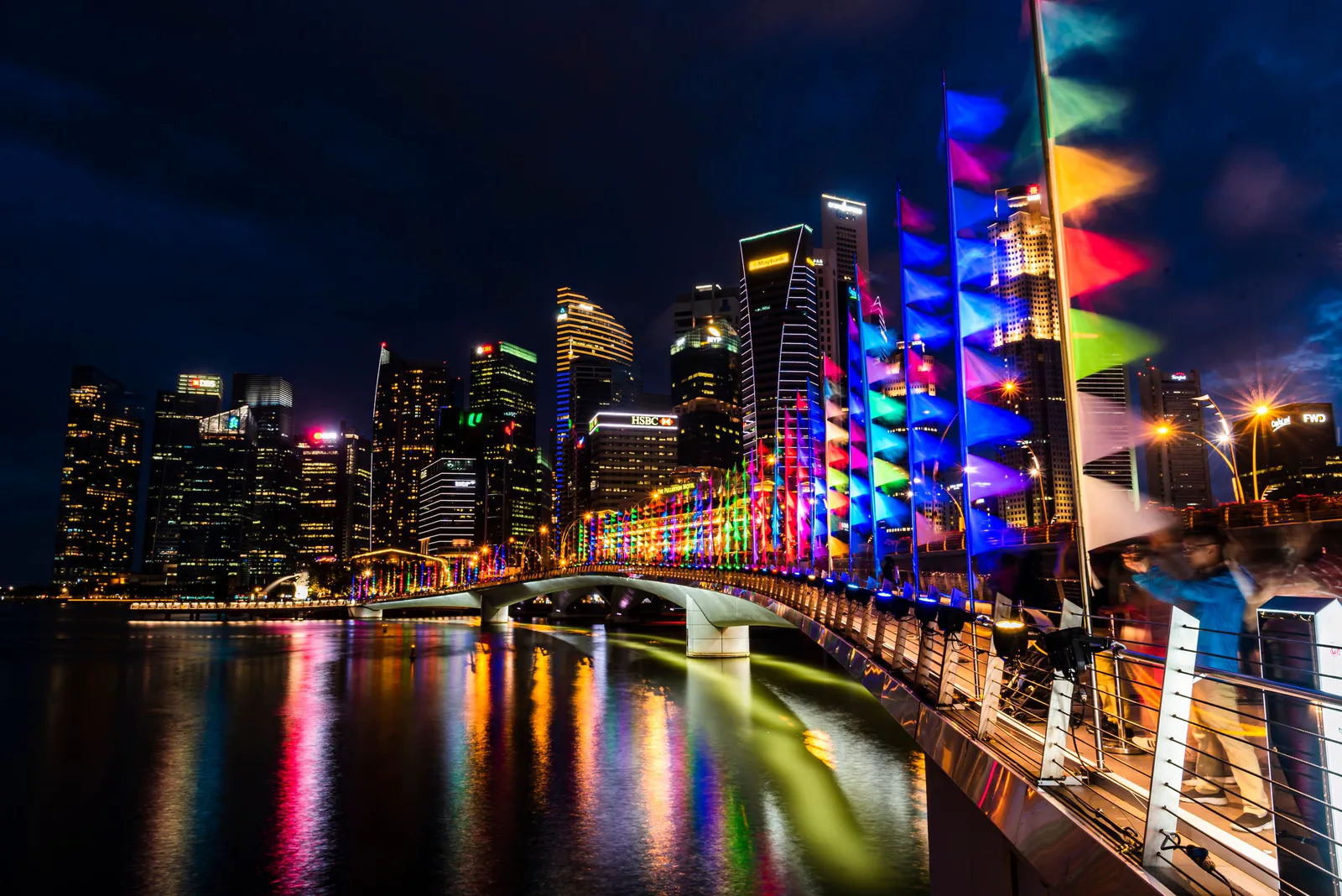 Illuminated Singapore skyline and waterfront bridge after dark