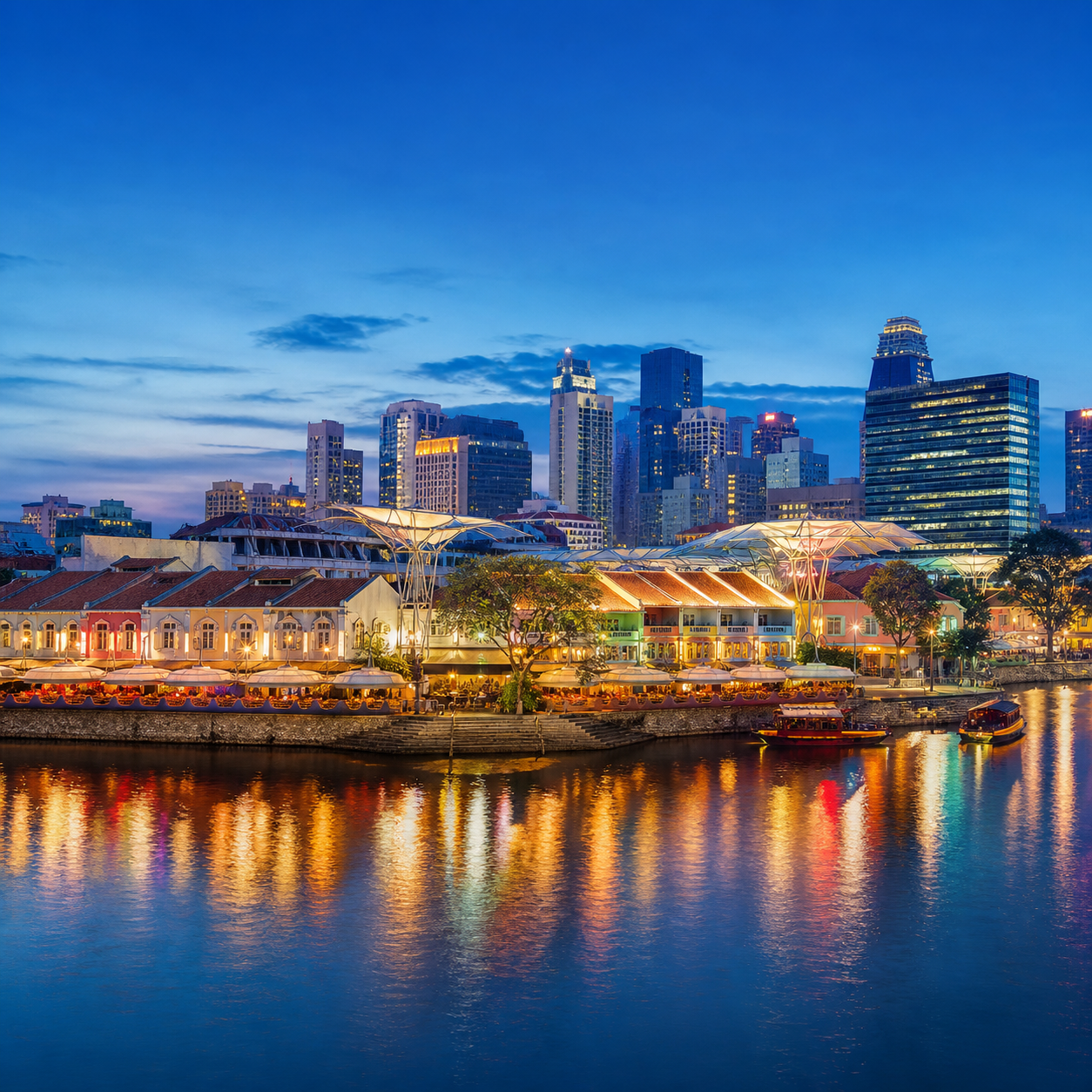 Singapore River and Clarke Quay at blue hour